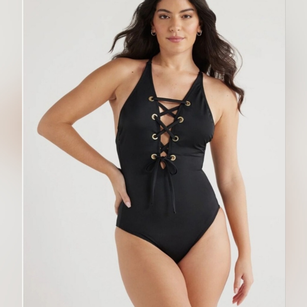 Sofia Vergara Veronica Lace Up Black One-Piece Swimsuit NWT